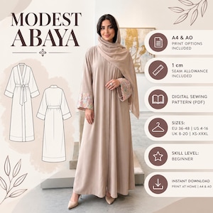 May include: A digital sewing pattern for a beige abaya with a matching hijab. The abaya features long sleeves with floral embroidery at the cuffs. The image includes technical line drawings, text stating Modest Abaya, A4 & A0 print options, 1 cm seam allowance, and size ranges from US 4-16.