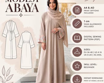 May include: A digital sewing pattern for a beige abaya with a matching hijab. The abaya features long sleeves with floral embroidery at the cuffs. The image includes technical line drawings, text stating Modest Abaya, A4 & A0 print options, 1 cm seam allowance, and size ranges from US 4-16.