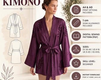 May include: A deep purple kimono with long sleeves and a tie waist, featuring embroidered leaf patterns on the front. The image includes text detailing a digital sewing pattern, A4 and A0 print options, 1 cm seam allowance, and size ranges from US 4-16.