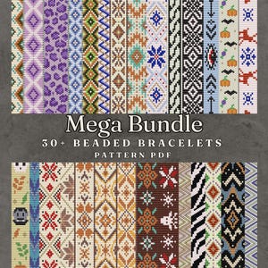 May include: A digital PDF pattern bundle showcasing over 30 beaded bracelet designs. The image presents a range of colourful, detailed patterns, including geometric, floral, and seasonal designs. The text "Mega Bundle" and "30+ Beaded Bracelets Pattern PDF" are also visible.