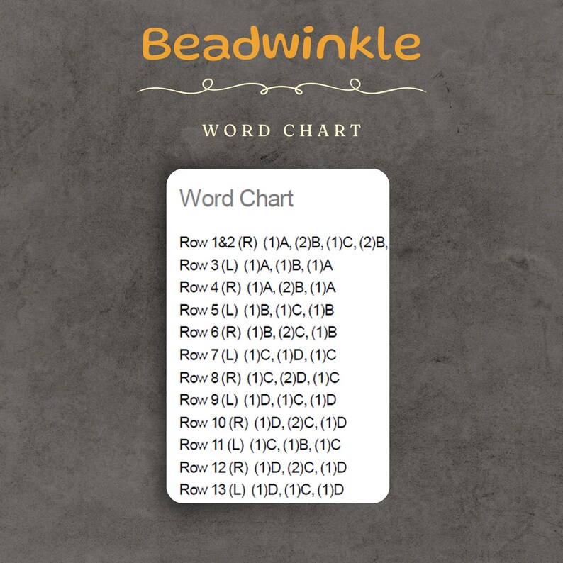 This image showcases Word Chart – a row-by-row textual guide using bead color codes and counts to support easy and accurate beading, especially helpful for following complex patterns.
