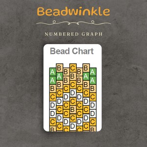 This image highlights Numbered Graph feature, showcasing a colorful bead chart with clearly labeled rows and columns using letter-coded beads (A, B, C, D) for easy pattern reading and precise beading.