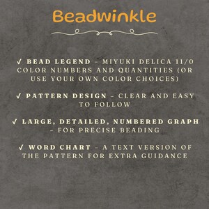 This image summarizes what's included in a pattern: Bead legend with MiyukiDelica 11/0 details; Clear, easy-to-follow pattern design; Large numbered graph for accurate beading; Word chart for extra guidance.