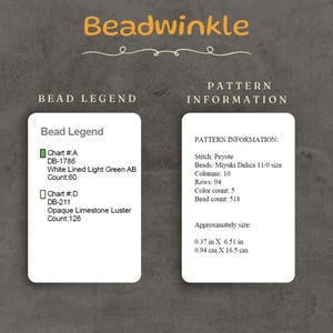 This image presents the Bead Legend and Pattern Information for a peyote stitch design