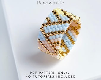 Pastel Ombre Peyote Stitch Ring Pattern – Beaded Zigzag with Gold Accents (PDF Pattern)