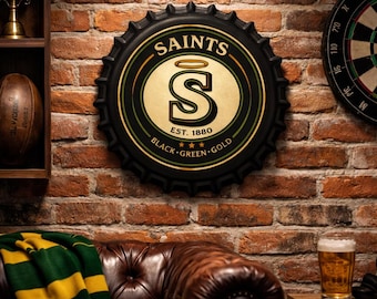 Saints Bottle Cap Metal Wall Sign – Rugby Fan Wall Art – Man Cave / Bar Decor – Multiple Sizes