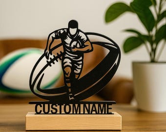 Personalised Rugby Metal Statue – Custom Name Gift | Rugby Player Desk Decor | Wooden Base | Sports Fan Gift | Bedroom & Office Display
