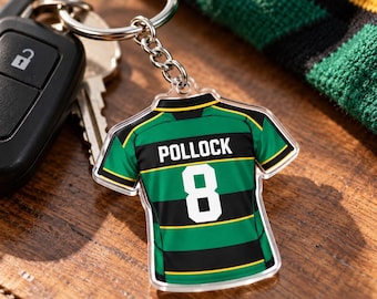 Personalised Football Rugby Shirt Keyring | Custom Name & Number Keychain | Your Kit Colours | Sports Fan Gift