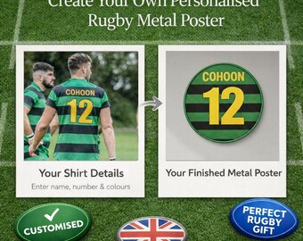 Personalised Rugby Metal Poster – Custom Name & Number Shirt Style Wall Sign