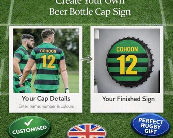 Personalised Rugby Beer Bottle Cap Sign – Custom Name & Number – Man Cave Wall Art – Rugby Fan Gift – Made To Order