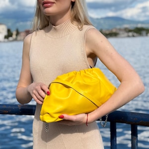 Handmade Soft Italian Leather Clutch: Yellow Smooth Leather Pouch Handbag, Dumpling Crossbody Shoulder Bag
