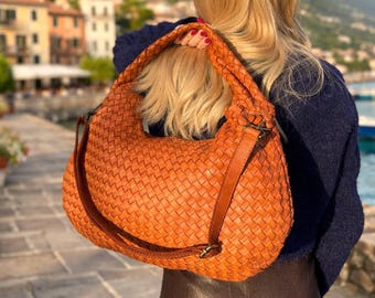Handmade Soft Brown Leather Woven Hobo Bag,  Italian Leather Women Handbag, Woven Brown Leather Tote Bag , Everyday Tote