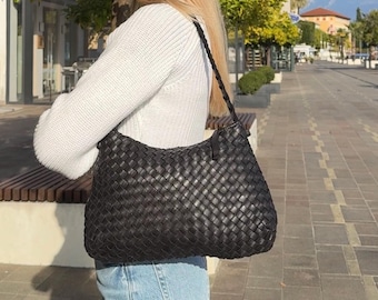 Soft Black Woven Leather Shoulder Tote Bag, Woven Cross body Leather Bag & Small Hobo Leather Women Handbag, Handwoven Bag, Christmas Gift