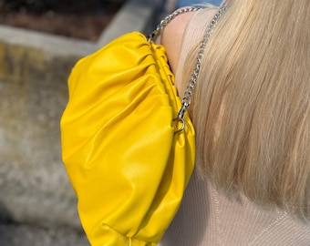Handmade Soft Italian Leather Clutch: Dumpling Crossbody Shoulder Bag, Smooth Leather Pouch Handbag, Yellow Leather Cloud Bag, Gift for Her