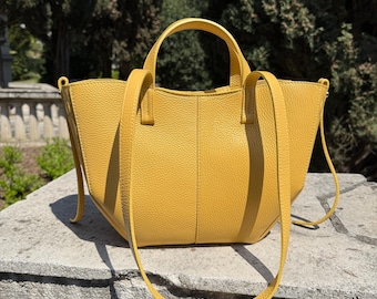 Handmade Leather Tote Bag, Yellow Leather Purse, Italian Leather Shoulder Bag, Structured Work Tote, Everyday Summer Bag