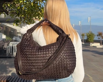 Soft Leather Woven Brown Shoulder Hobo Bag, Slouchy Leather Women Handbag, Woven Italian Leather Tote Bag & Handwoven Bag, Christmas Gift