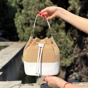 Cross Body Raffia Bag, Handmade Italian Leather Tote Bag, Leather Bucket Bag, Summer Handle Bag, Designer Handbag, Shoulder Bag & Bag Gift