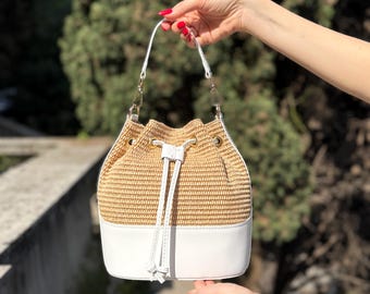 Weiße Leder Raffia Bucket Bag, Kleine Crossbody Schulter Geldbörse, Handgewebte Leder Tragetasche, Italienische Lederhandtasche