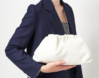 Handwoven Soft Italian Leather Dumpling Clutch: White Smooth Leather Pouch Handbag, Leather Crossbody Shoulder Puffball Bag, Luxury Purse