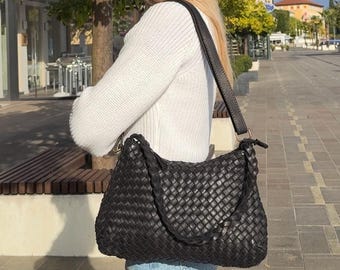 Soft Woven Black Leather Crossbody Tote Bag, Woven Shoulder Cross body Leather Bag & Small Hobo Women Handbag, Handwoven Bag, Christmas Gift