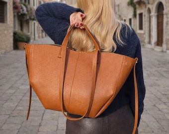 Brown Leather Tote Bag for Women – Luxury Italian Leather Work Handbag, Large Shoulder Purse, 5 Colors, 2 Sizes
