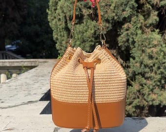 Handmade Leather Raffia Bucket Bag, Straw Cross body Purse, Summer Italian Leather Handbag, Sac Cuir Raffia, Raffia Leder Tasche