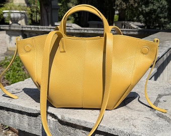 Handmade Leather Tote Bag, Yellow Leather Purse, Italian Leather Shoulder Bag, Structured Work Tote, Everyday Summer Bag