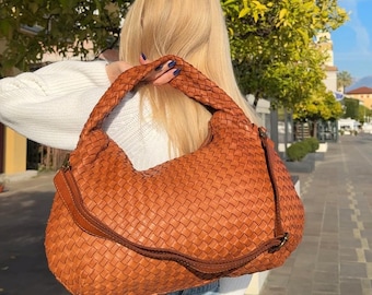 Soft Leather Woven Brown Shoulder Hobo Bag, Slouchy Leather Women Handbag, Woven Italian Leather Tote Bag & Handwoven Bag, Christmas Gift