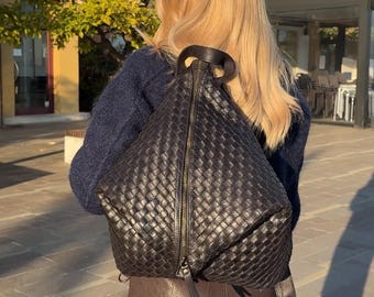 Handmade Soft Woven Black Leather Backpack , Slouchy Leather Backpack, Convertible Shoulder Backpack, Travel Work Backpack, Hobo Bag