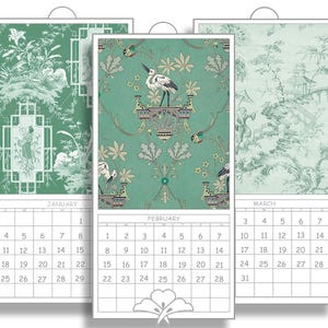 NOVO Calendário Digital 2026 para Impressão, Doze Imagens, 10" X 4,8" Designs Originais de Chinoiserie, Arte de Mesa ou Parede, CHINOISERIE Asiática VERDE