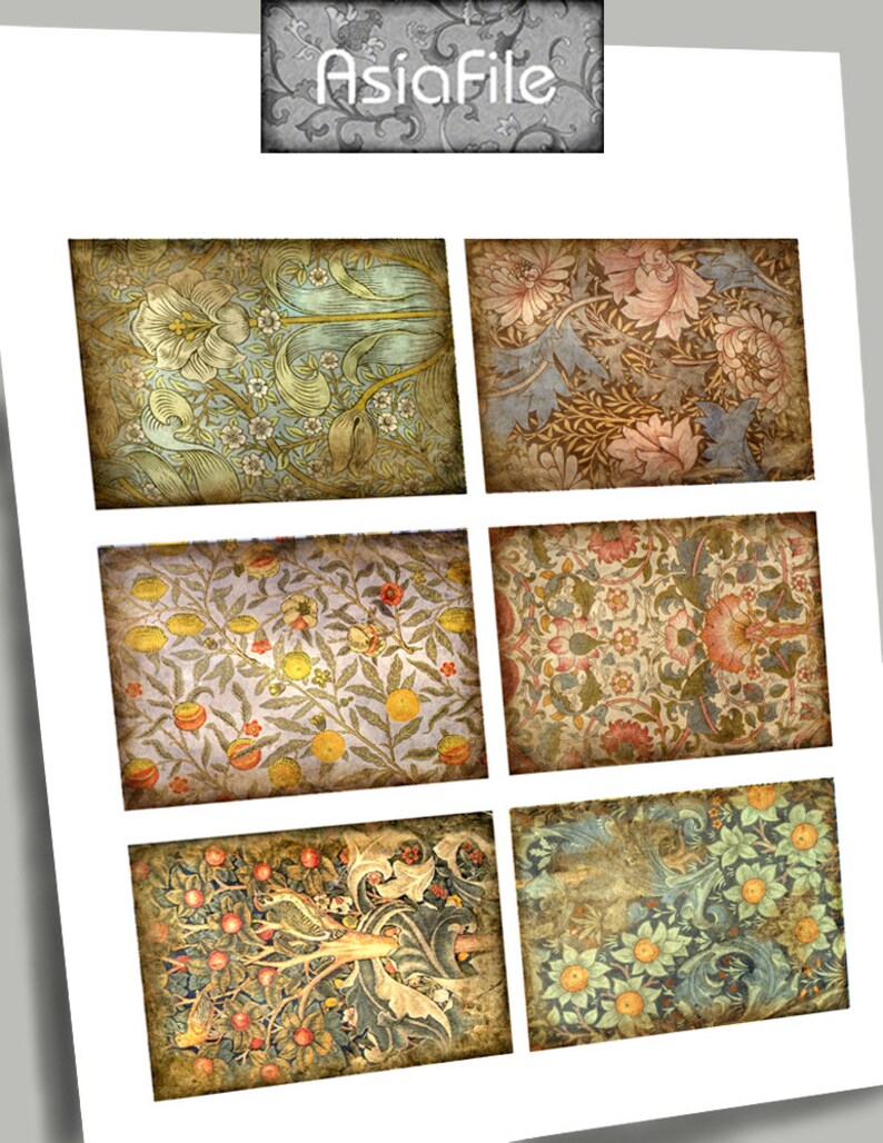 May include: Six vintage floral patterned tiles with a distressed look. The tiles feature a variety of floral designs in shades of blue, green, yellow, orange, red, and pink.