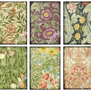 K&ouml;nnte beinhalten: Sechs verschiedene Vintage-Blumenmuster in einer Collage. Die Muster zeigen verschiedene Blumen, Bl&auml;tter und Ranken in Gr&uuml;n-, Rosa-, Gelb-, Blau- und Lilat&ouml;nen.