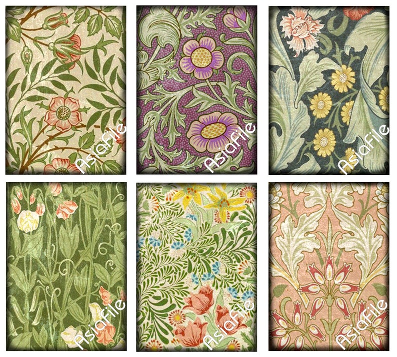 K&ouml;nnte beinhalten: Sechs verschiedene Vintage-Blumenmuster in einer Collage. Die Muster zeigen verschiedene Blumen, Bl&auml;tter und Ranken in Gr&uuml;n-, Rosa-, Gelb-, Blau- und Lilat&ouml;nen.