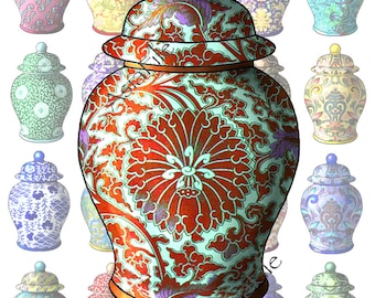 Printable Digital  Asian  2 - Inch Ginger Jars, 20 Colorful  Decoupage, Collage, Scrapbook, Magnets, Paper Goods Instant  Download CS 390