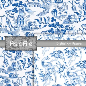 Digitaal papierpakket 12 x 12 inch 10 vellen chinoiserie blauw-wit Aziatische ontwerpen plakboek journaling briefpapier cadeaupapier decoupage decoupage CHINOI 2
