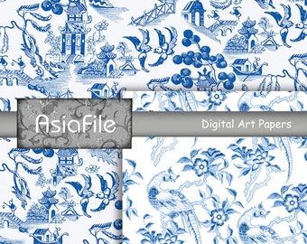 TEN Digital Papers 12 x 12 In. Chinoiserie Blue & White Asian Designs Scrapbook Journaling Stationery Gift Wrap Decoupage CHINOISERIE 2