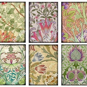K&ouml;nnte beinhalten: Sechs Vintage-Blumenmuster mit cremefarbenem Hintergrund und bunten Blumen. Die Muster zeigen eine Vielzahl von Blumendesigns, darunter Tulpen, Lilien und Rosen. Die Muster sind perfekt f&uuml;r die Verwendung in Scrapbooking, Kartenherstellung und anderen Bastelprojekten.