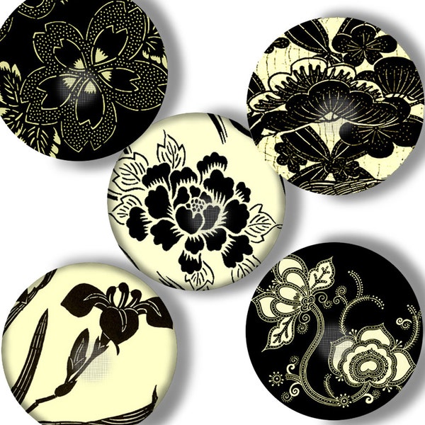 Digital Collage Sheet Instant Download 1 Inch Circles  Digital Printables Flower Designs in Black and Cream Printable Download CS 120