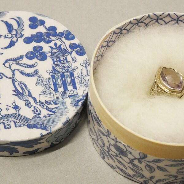 Hand Made OOAK Ring Box Trinket Box Jewelry Box Decoupage with Chinese Blue & White Prints Approx. 2.5" Dia. x 1.5" Tall Made in USA RB 1