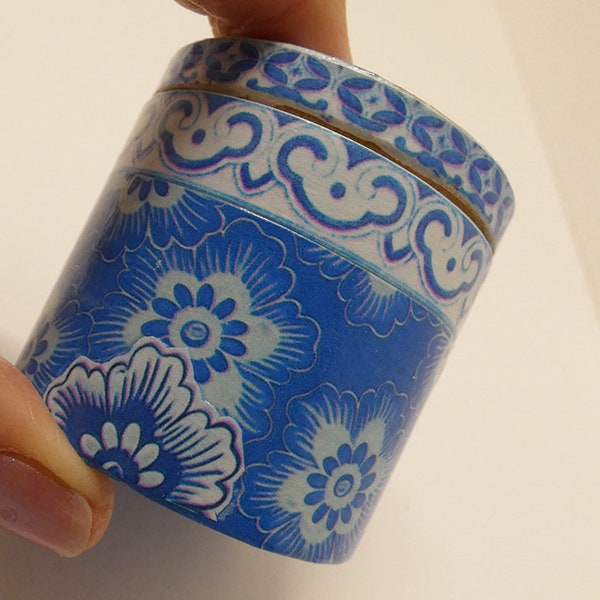 Hand Made OOAK Trinket Box Jewelry Box Decoupage with Chinese Blue & White Chinoiserie Prints Approx. 2" Dia. x 2" Tall Made in USA SMB 1