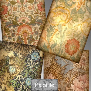 May include: Four vintage floral patterned paper sheets with a faded, aged look. The patterns feature intricate designs of flowers, leaves, and vines in shades of red, blue, green, and yellow.
