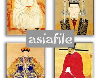 May include: Four portraits of individuals in traditional Chinese attire. The portraits are painted in a style reminiscent of traditional Chinese art. The individuals are wearing elaborate robes and headdresses. The portraits are set against a gold background.