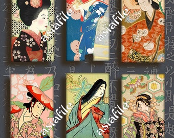 Digital Printable Pendant Images 1" X 2" Asian Art Collage Sheets Paper Crafts Jewelry Making 2 Sheets Geisha and Backgrounds CS 646