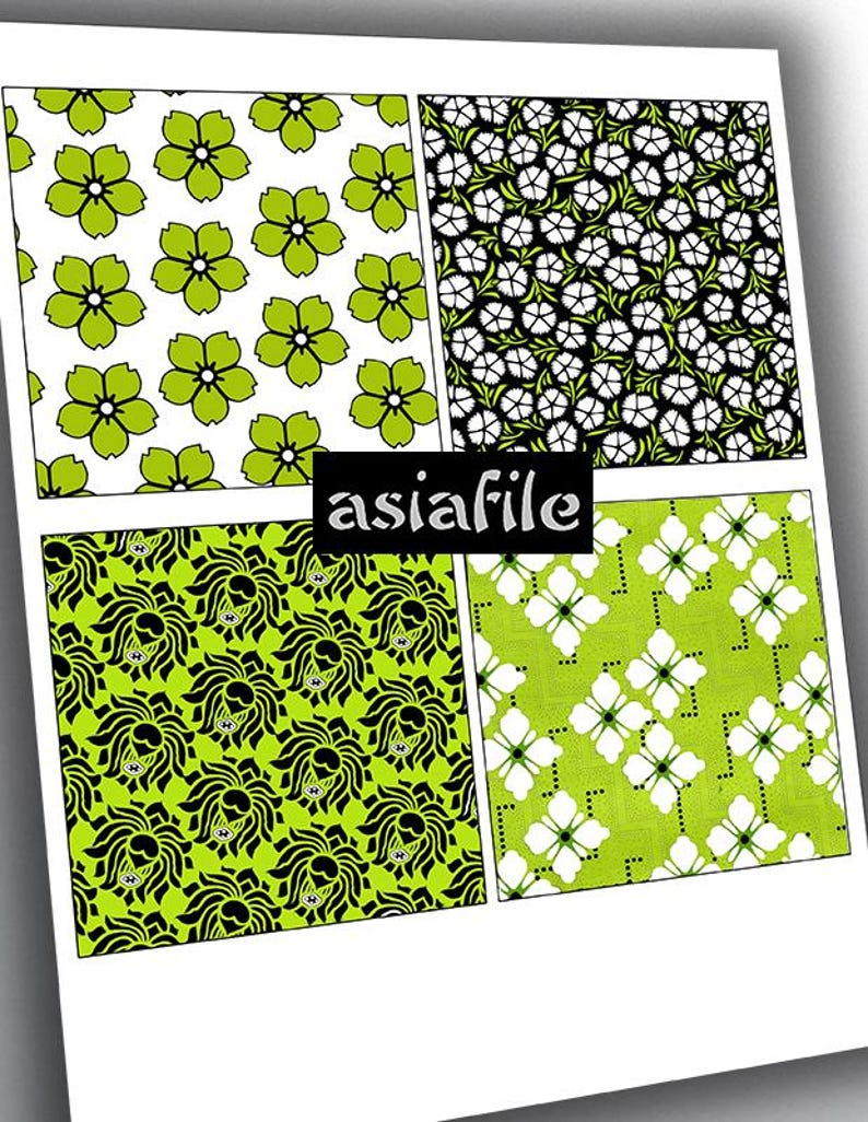 Digital Paper Pack 4inch Squares 12 Different Asian Patterns Lime