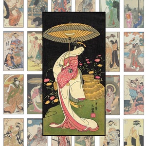 Druckbare digitale Collage Sheet, digitale Kunst, 1 x 2 Zoll, Geisha Antike asiatische Kunst Clipart japanische Kunst druckbare Download CS 155