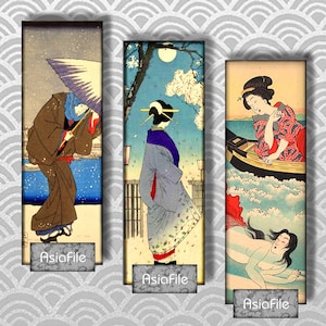 May include: Three vintage Japanese woodblock prints featuring women in traditional clothing. The first print shows a woman in a brown coat and a blue kimono holding an umbrella. The second print shows a woman in a blue kimono with a white flower design standing in front of a cherry blossom tree. The third print shows a woman in a red kimono sitting in a boat on the water.