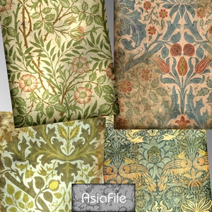 May include: Four vintage floral patterned fabric swatches with a faded, distressed look. The patterns feature various floral designs, including roses, leaves, and vines. The swatches are arranged in a collage, with the word "AsiaFile" printed in grey on a black background in the lower centre.