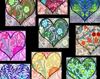 Printable Digital  1 Inch Squares, Valentines, Hearts, for Pendants, Glass Tiles, Scrapbooking, Embellishments, Art Nouveau, CS 337