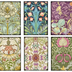 K&ouml;nnte beinhalten: Sechs verschiedene Vintage-Blumenmuster in einer Collage. Die Muster zeigen eine Vielzahl von Blumen, Bl&auml;ttern und Ranken in Gr&uuml;n-, Blau-, Rosa- und Gelbt&ouml;nen. Die Muster sind alle auf wei&szlig;em Hintergrund.