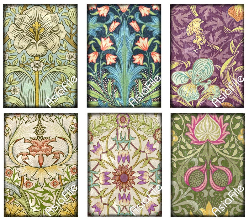 K&ouml;nnte beinhalten: Sechs verschiedene Vintage-Blumenmuster in einer Collage. Die Muster zeigen eine Vielzahl von Blumen, Bl&auml;ttern und Ranken in Gr&uuml;n-, Blau-, Rosa- und Gelbt&ouml;nen. Die Muster sind alle auf wei&szlig;em Hintergrund.